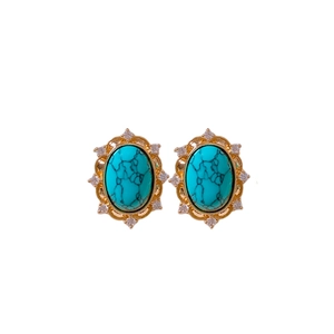 Vintage oval flower stud earrings with turquoise stones and shimmering white cubic zirconia