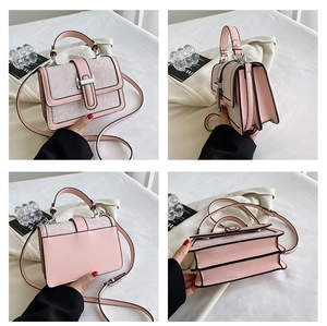Detailed four-way view of pink crossbody bag with embossed texture and silver metal lock