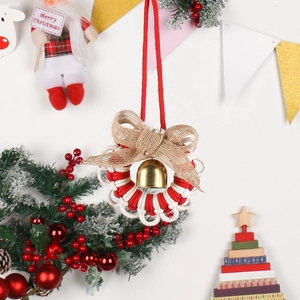 Handwoven Nordic Christmas wreath ornament with a red-white rope, bow, and gold bell charm