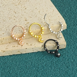 316L stainless steel septum rings with zircon paving and moon pearl charms in four colors