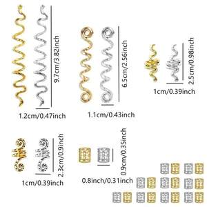 Size chart for spiral hair clips showing various dimensions in cm and inches for gold and silver