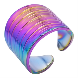 Anello regolabile in acciaio inossidabile arcobaleno con texture a righe colorate