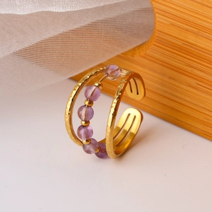 Adjustable gold double layer ring with purple beads and hammer textured metal band
