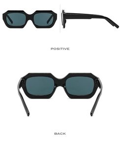 Three-angle view of black geometric sunglasses showing front, side, and back profiles