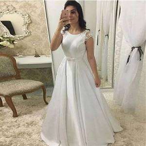 Elegant Ivory White Satin Wedding Dress Lace Cap Sleeves Simple Backless A-Line Bridal Gown With Bow Belt Long Train