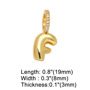 Detailed size specifications for gold letter F pendant showing height 19mm and width 8mm
