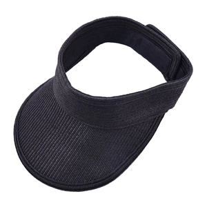 Detail of black straw visor with textured weave and adjustable velcro strap closure