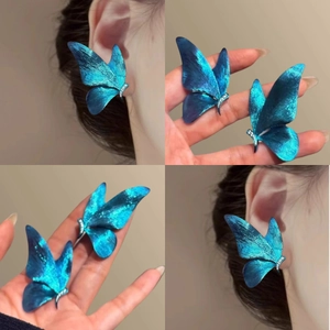 Large Butterfly Stud Earrings Alloy Lacquer Rhinestone With 925 Sterling Silver Earring Post Gradient Blue Ins Style