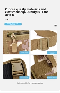 Detail of desert camo tactical leg bag featuring nylon straps and durable plastic buckles