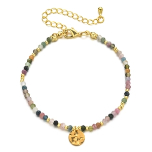 Bohemian colorful natural stone beaded bracelet with golden pendant and lobster clasp