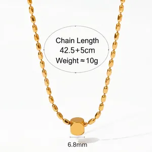 Gold stainless steel oval bead chain necklace with minimalist cylinder pendant 42.5cm