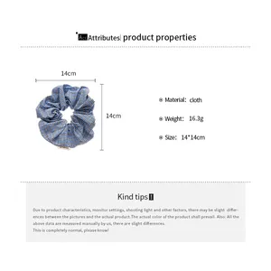 Size chart detail for blue plaid cloth scrunchie showing 14cm diameter measurements