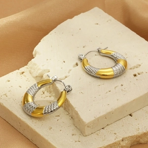 French vintage U-shaped hoop earrings in 18K gold and silver steel with snake scale texture