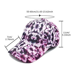 Adjustable tie-dye baseball cap in purple, pink, and black with size measurement guide