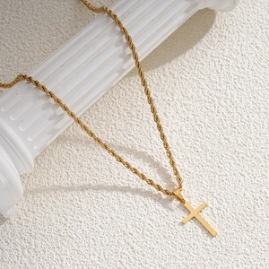 Mens gold stainless steel cross pendant necklace with a classic twisted rope chain