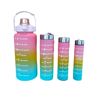 Set of 4 gradient frosted sports water bottles with time markers and straws