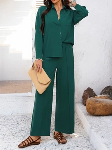 Women's casual green two-piece set featuring long sleeve shirt and wide leg trousers