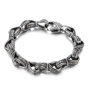 Vintage Blackened Link Bracelet 316L Stainless Steel Hammered Texture Industrial Punk Style For Men