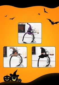 Three styles of Halloween witch hat headbands featuring pumpkins and lace details