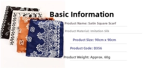 Detail specifications of 90cm paisley satin silk square scarf in four colorways