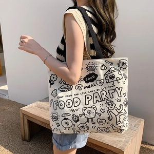 Canvas Tote Bag Large Capacity Shoulder Handbag Zipper Closure Cartoon Graffiti Printed Casual Streetwear For Women