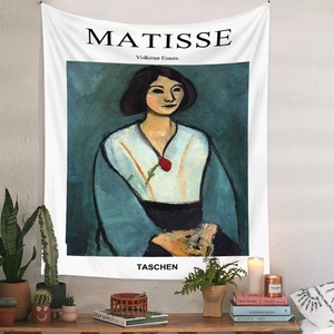 Artistic Henri Matisse portrait tapestry displayed on a minimalist white wall