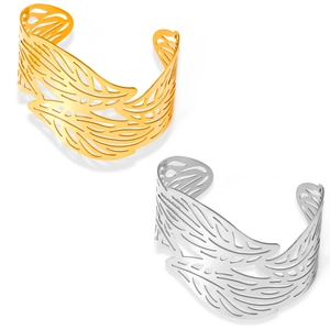 Minimalist gold and silver titanium steel open bangle featuring hollow leaf design