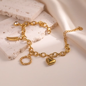 Tree Of Life Charm Bracelet Stainless Steel Gold Plated Heart Geometric Rhinestone Pendant Jewelry For Women Trendy Accessory