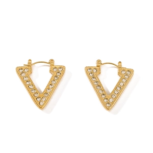 Gold-plated stainless steel V-shaped earrings with sparkling diamond-set crystals
