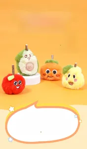 Detailed macro view of four plush fruit cat toys with natural silvervine sticks for chewing