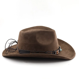 Detail of dark brown western cowboy hat with leather band, beads, and blue stone ornament