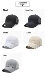 Detail view of five mesh baseball caps in various colors with SPORT embroidery