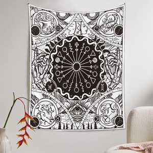 Bohemian black and white tapestry with zodiac astrology and celestial patterns for home