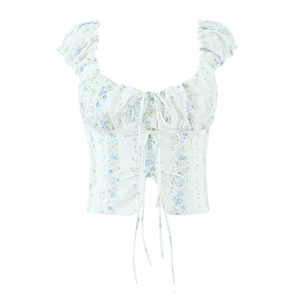 Floral Puff Sleeve Blouse Vintage French Style Tie Front Smocking Back Polyester Crop Top For Women
