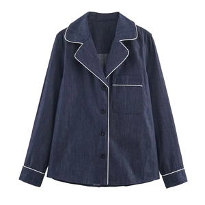 Women Contrast Trim Denim Look Long Sleeve Top And Elastic Waist Drawstring Pants Co-ord Streetwear Outfit