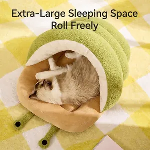 Cute snail-shaped semi-enclosed cat bed with green sherpa fleece for warm winter sleep