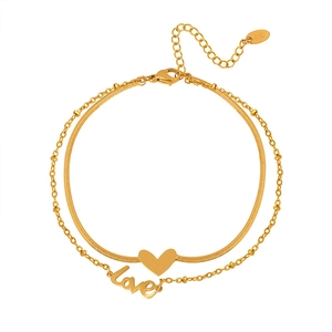 Cavigliera a doppio strato in oro 18K con ciondoli a cuore e scritta love