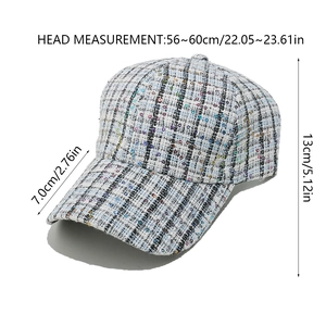 Detail showing tweed plaid baseball cap with sequins and adjustable head size 56-60cm