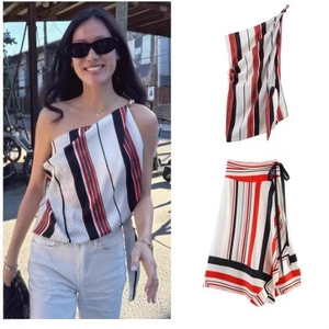 Striped Asymmetrical One Shoulder Long Sleeve Top And Wrap Midi Skirt Satin Streetwear For Women