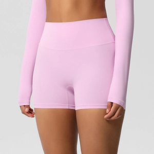 Detailed macro view of the high-waist elastic seamless yoga shorts in soft purple