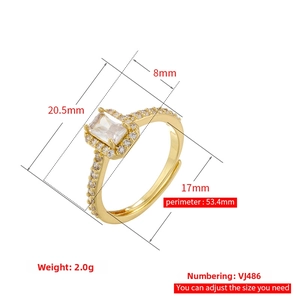 Detailed size chart of adjustable 18K gold plated ring with micro-pave cubic zirconia