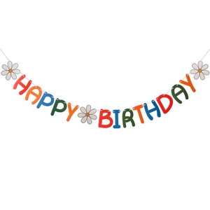 Colorful Happy Birthday letter banner with daisy flower details for kids party decor