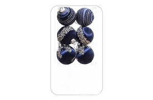 Detail of 6pcs blue Christmas foam balls with silver glitter patterns in a clear box