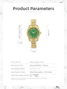 Detailed technical specifications for luxury gold women's watch with emerald green dial