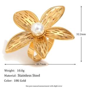 Detailed size view of 18K gold plated stainless steel frangipani ring with white pearl