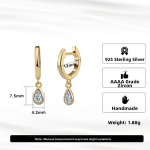 Detailed view of gold plated 925 silver teardrop earrings with AAAA cubic zirconia measurements
