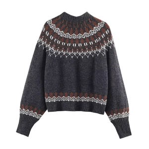 Loose dark grey Fair Isle jacquard knit sweater for women with geometric retro patterns