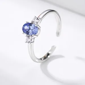 S925 Sterling Silver Zirconia Open Ring For Women Minimalist Oval Blue Stone Adjustable Geometric Fashion Finger Ring