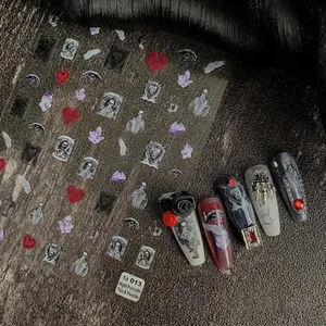 Gothic style nail art stickers with skulls and heart designs in ultra-thin material