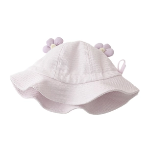 Light purple waffle texture baby sun hat with cute flower accents and wide wavy brim